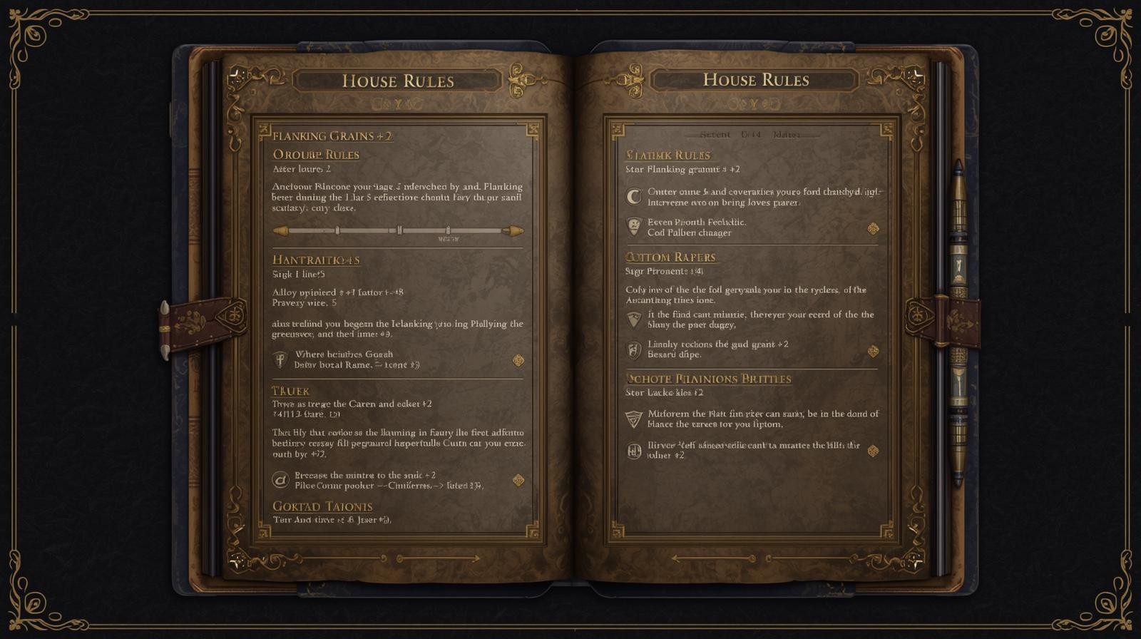 House rules journal showing custom rulings and GM decisions