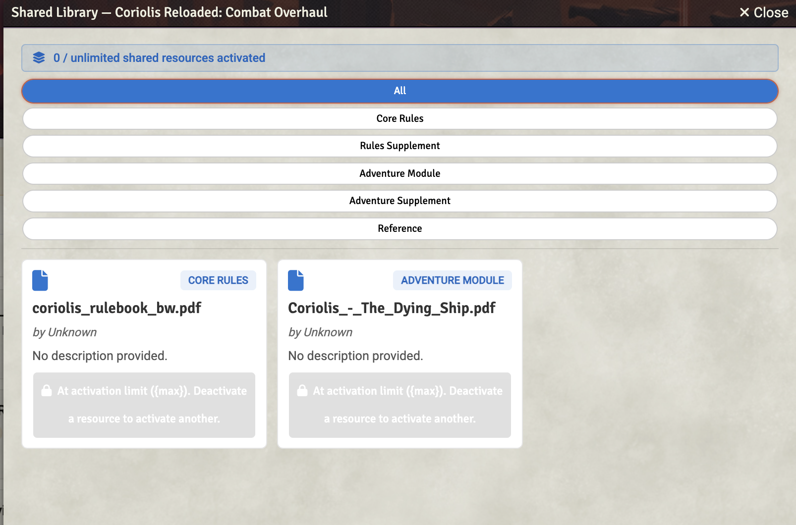 Shared content library showing available adventures and activation controls